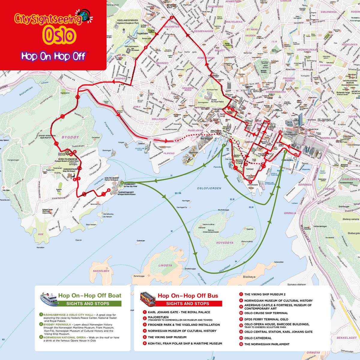 オスロ・ホップオンホップオフ・バスツアーの地図